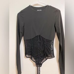 Reoria Black Long Sleeve thong Bodysuit corset see through
